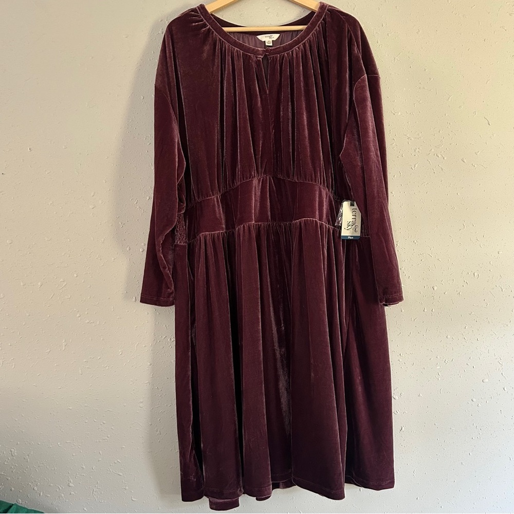 NWT Terra Sky Purple Velvet Long Sleeve Mini Dress Burgundy Fall Winter Holiday